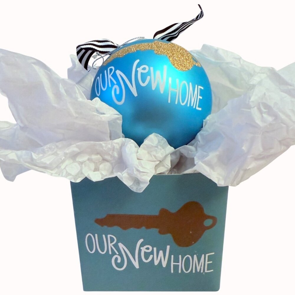 Coton Colors Our New Home Glass Ornament Gift Box Blue Housewarming 4 Inch Round